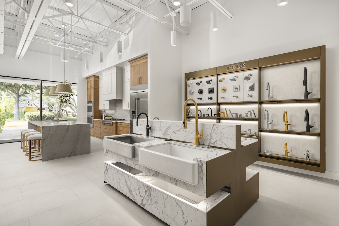 Luxury fixture and sink display inside the Florida - Southeast Toll Brothers Design Studio showcasing kitchen and bath design selections.