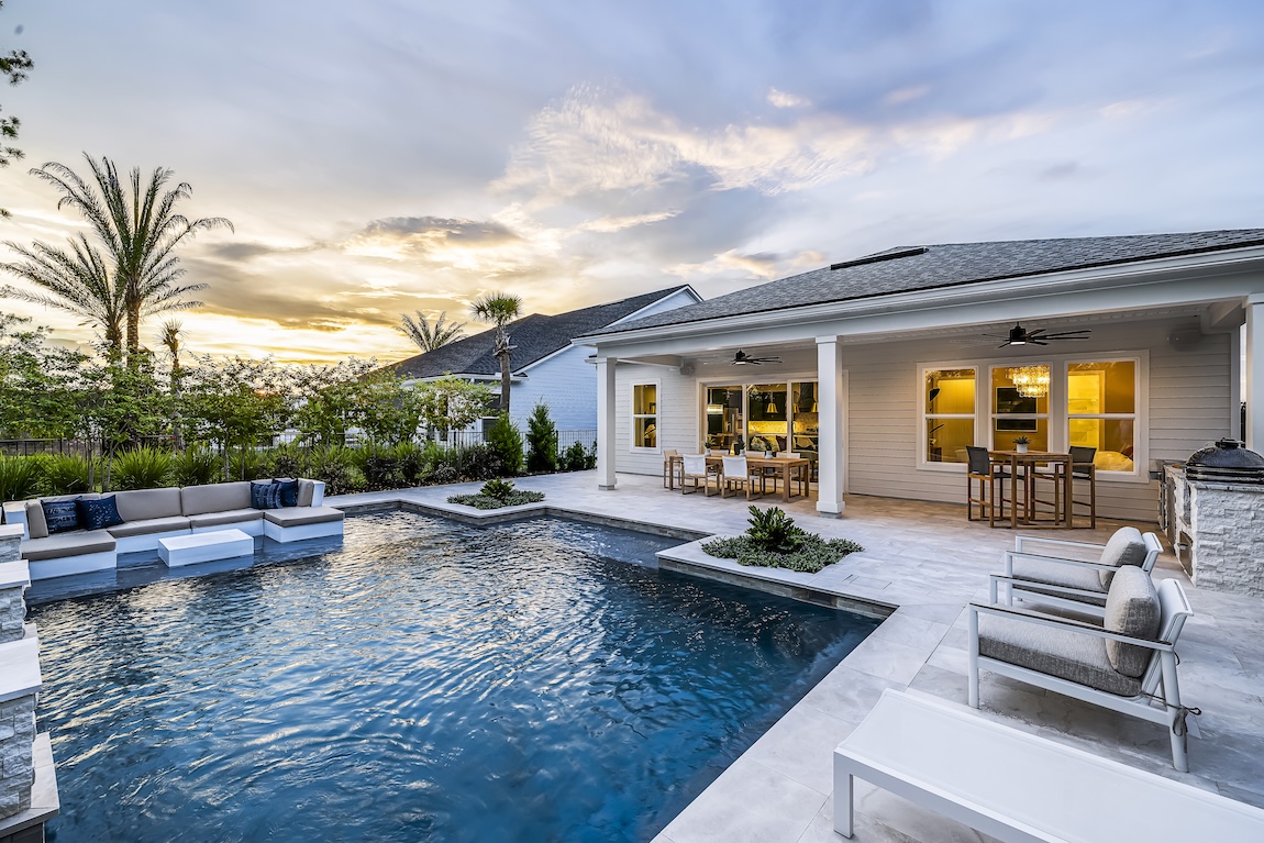 backyard pool with plants surrounding