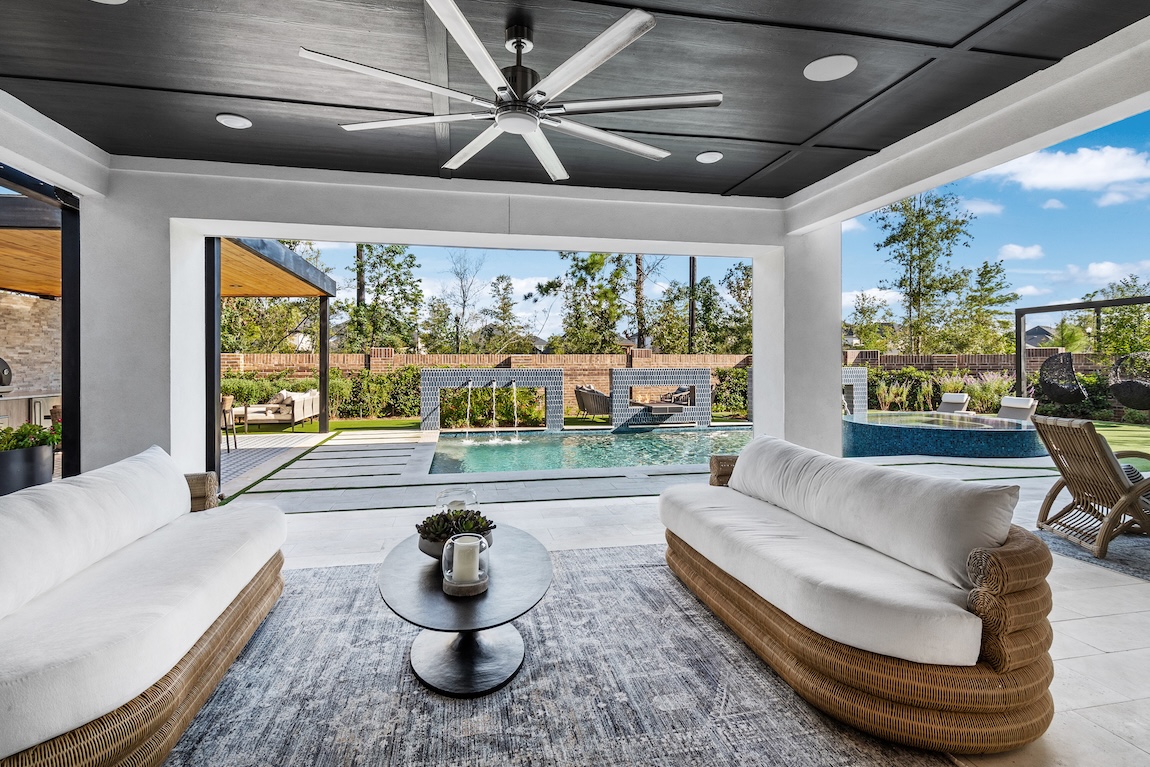 outdoor living area covered and poolside