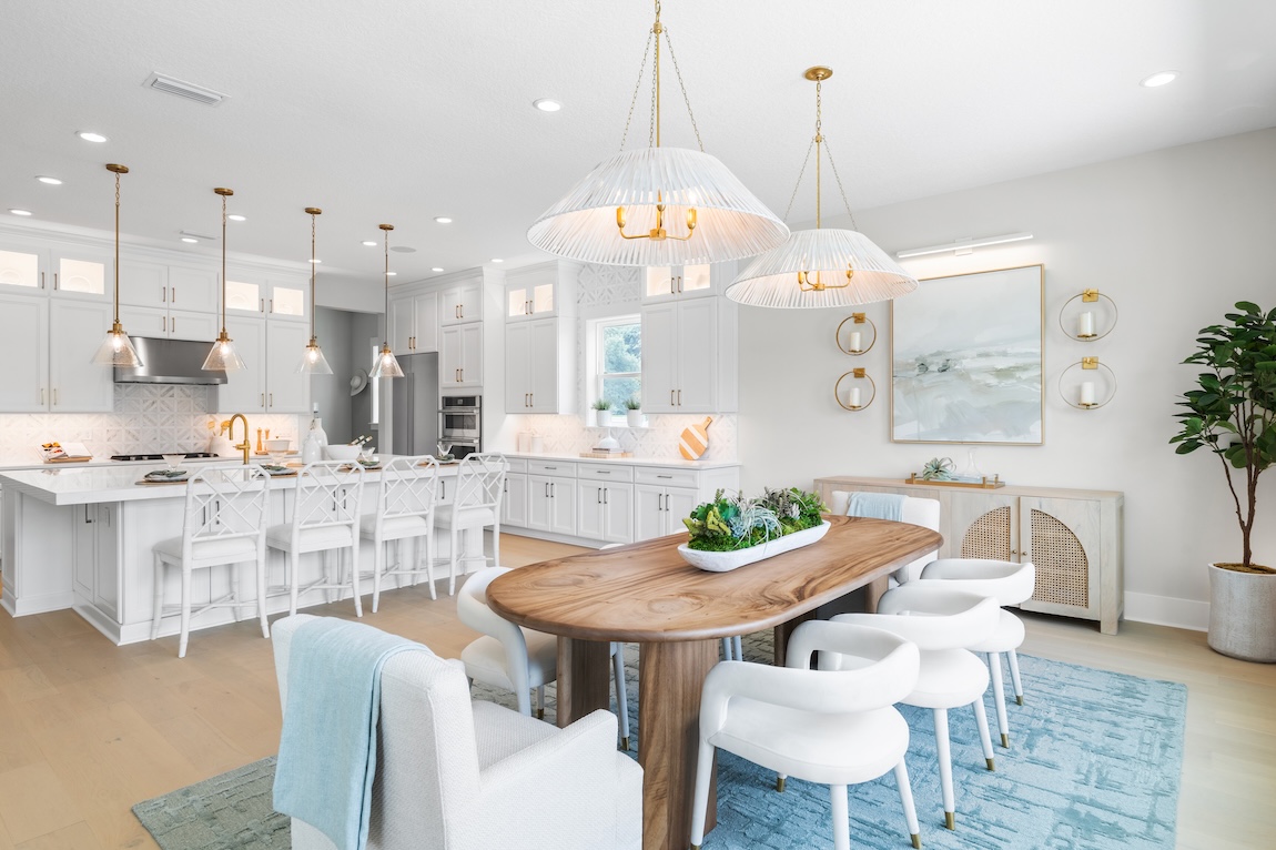 kitchen and dining room with wooden table