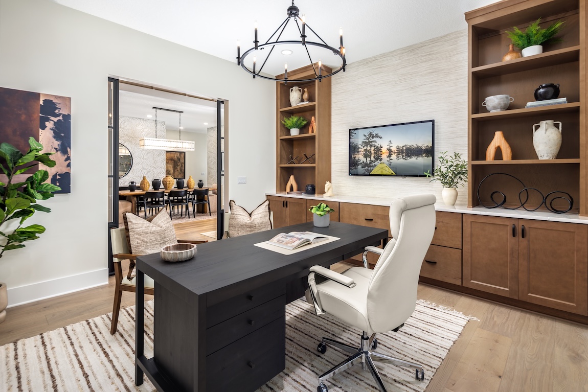 home office with storage shelves