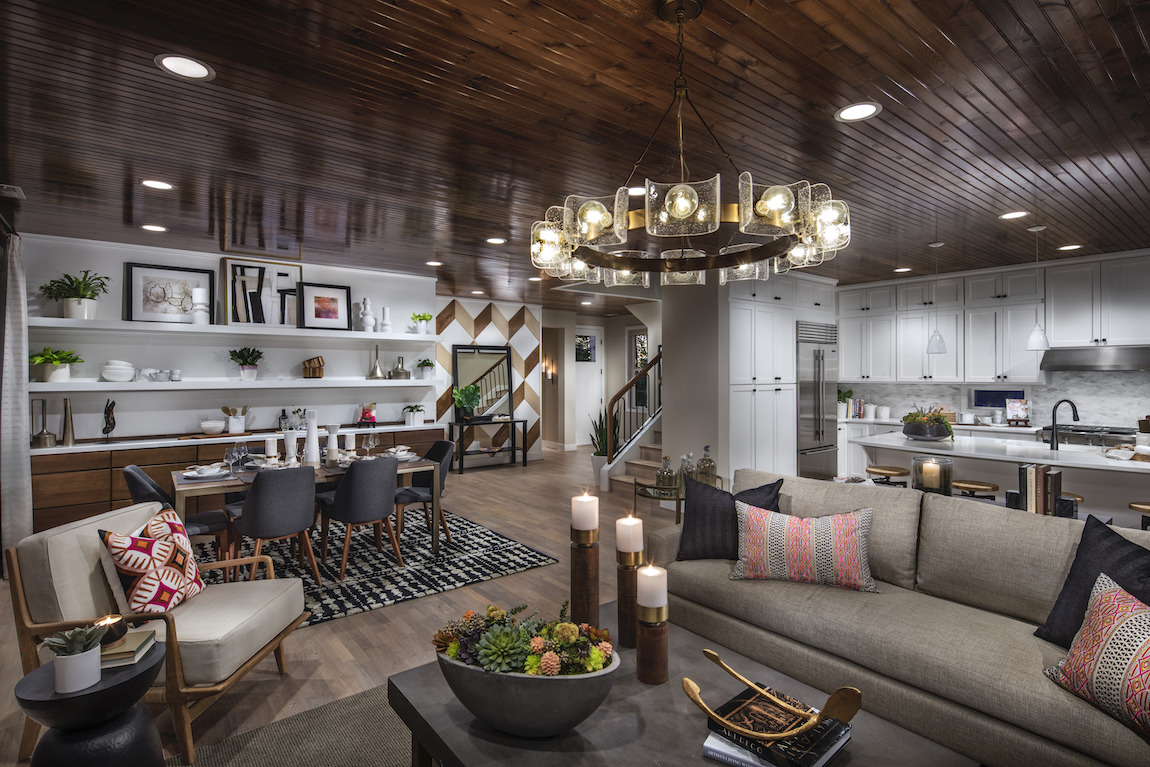 An interior that combines multiple design styles to create a modern setting with traditional features.