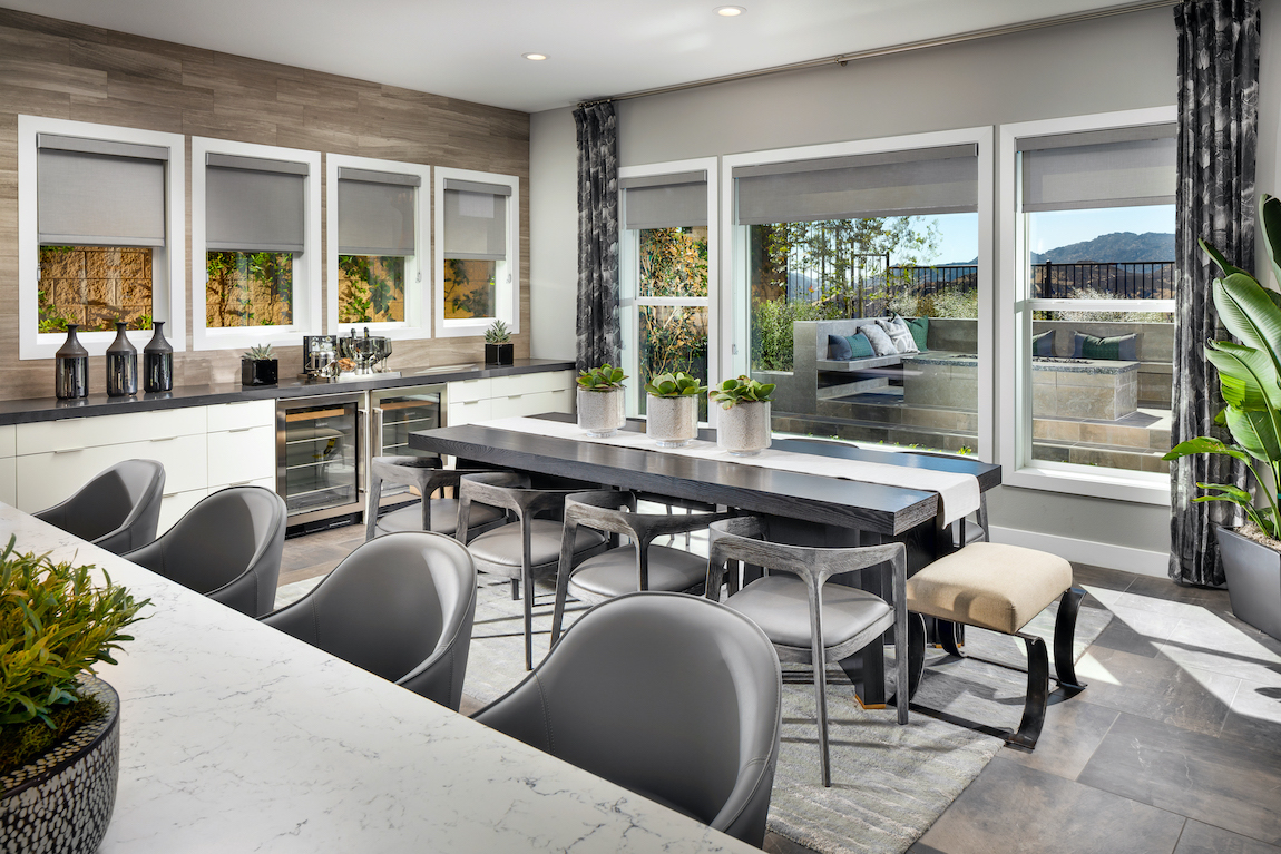 Modern breakfast nook table with gray color scheme in a modern kitchen.