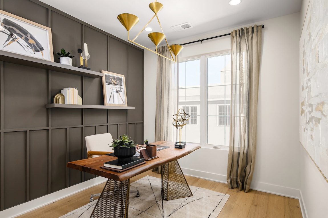 modern home office with black 3-D accent wall