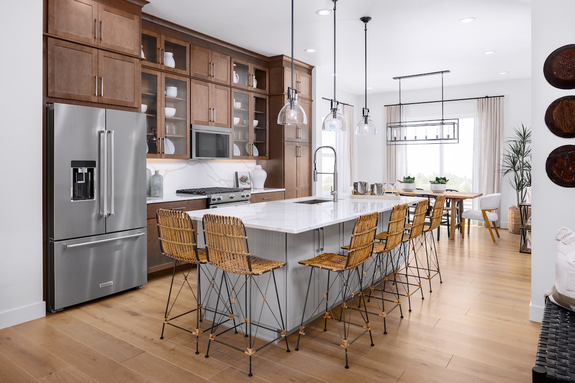 kitchen with wooden cabinets and textured seating