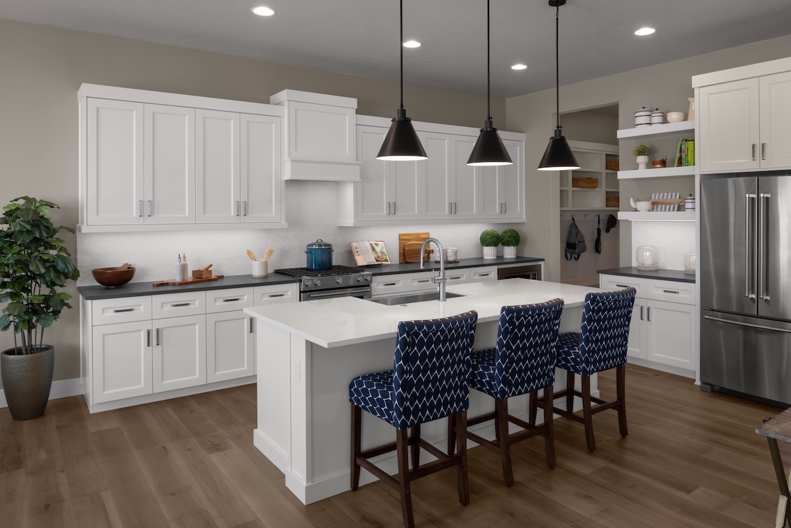kitchen with blue seating and industrial features