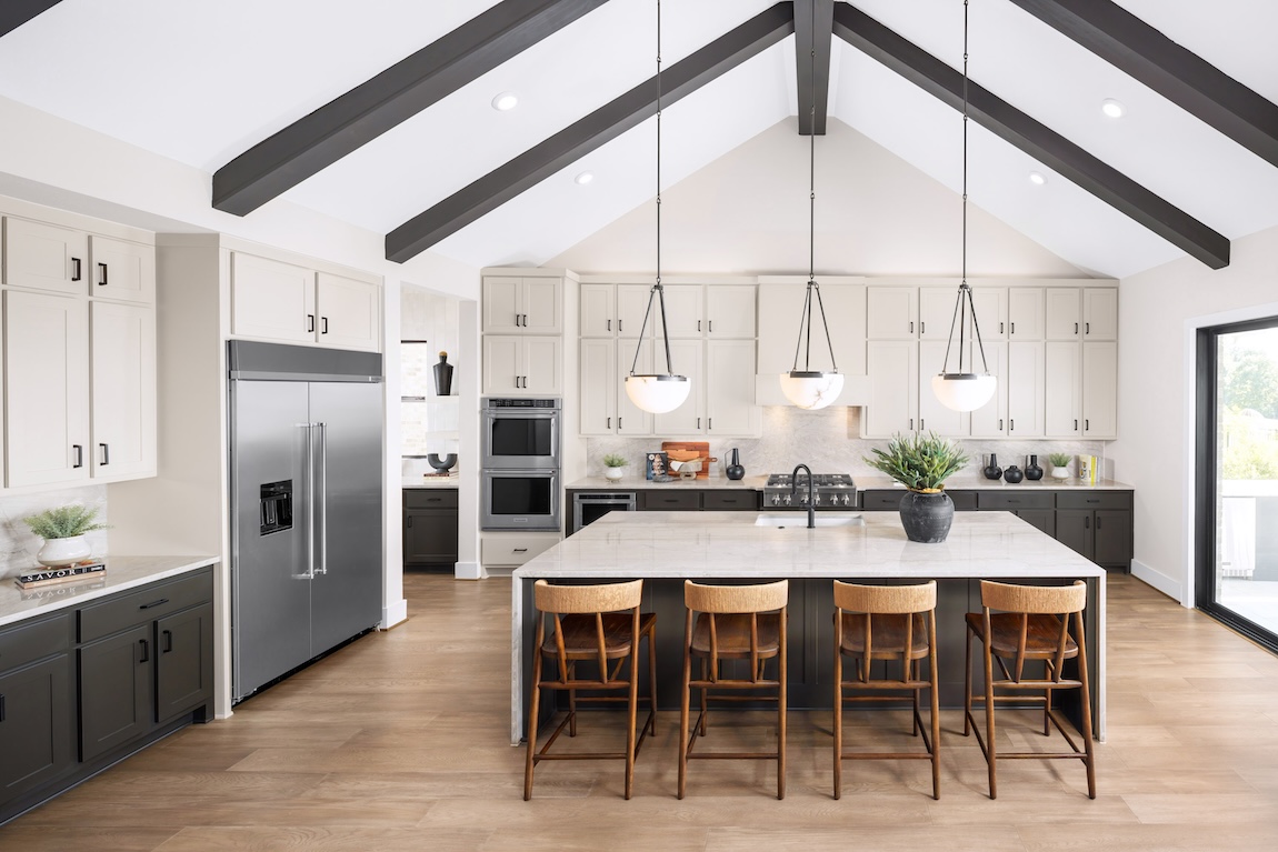 modern kitchen with wooden stools
