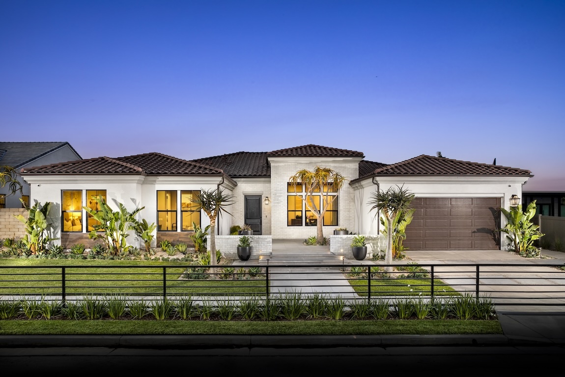 exterior of home with palm trees and lighting in the yard
