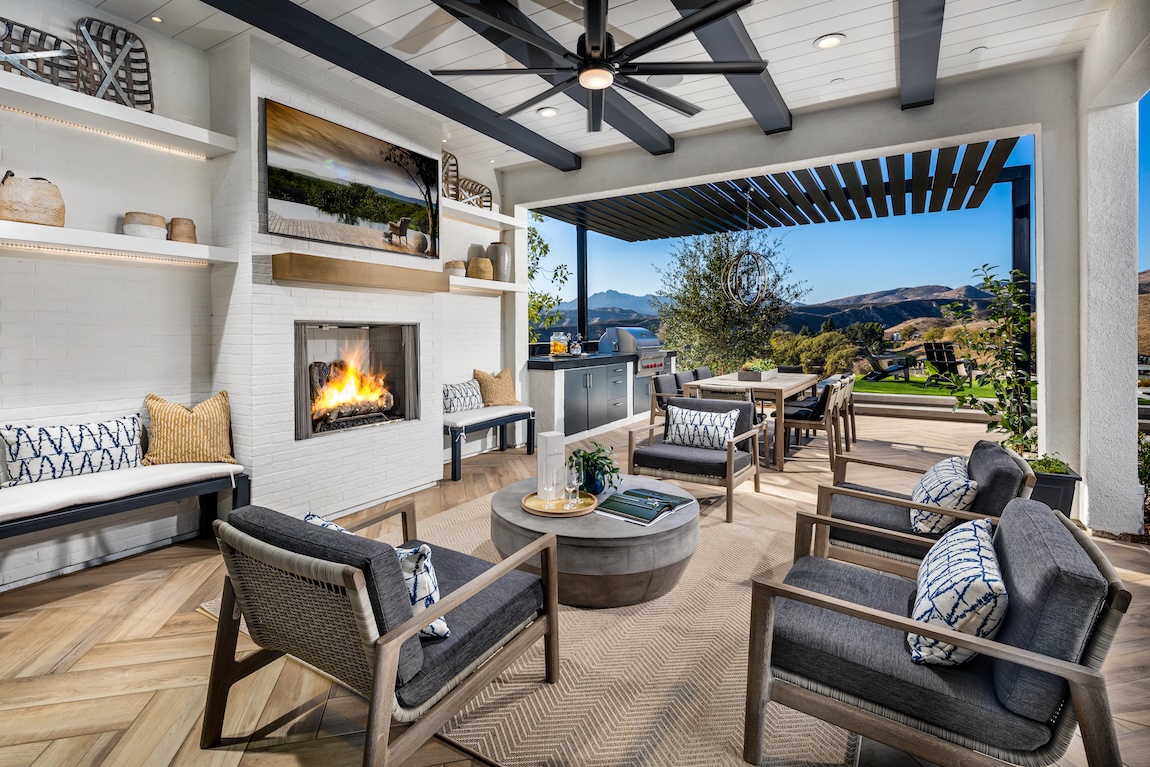 outdoor living area with fireplace