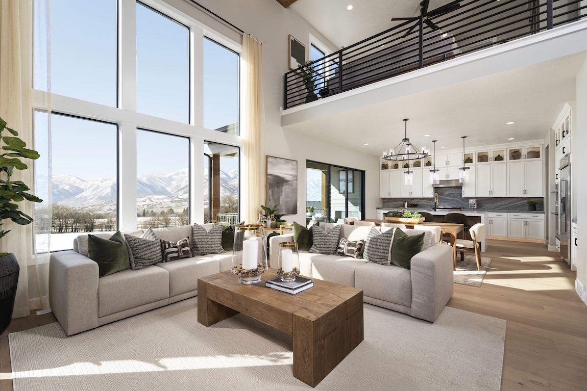 modern great room with mountain views