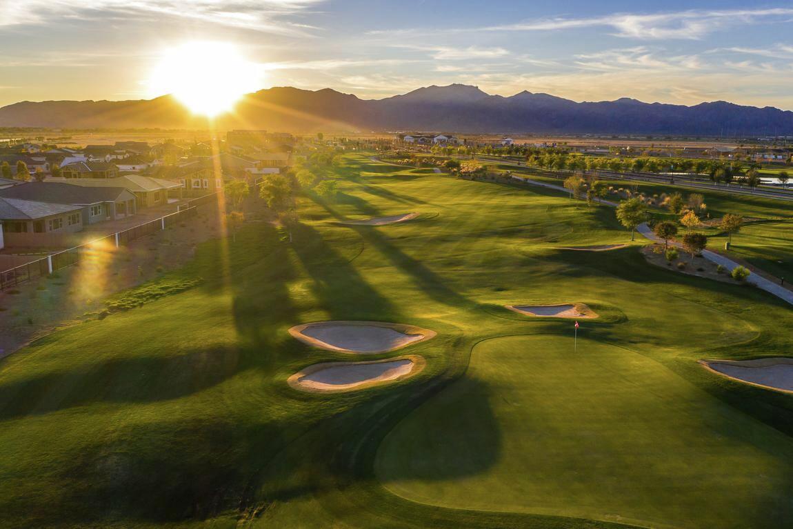 Arial view of golf course at sunset