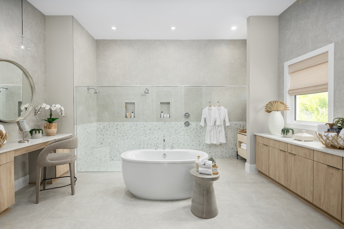 modern bathroom with dual shower heads and freestanding bathtub