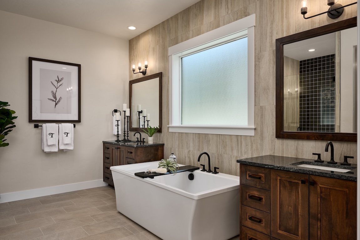 primary bath with a freestanding tub and dark wood features