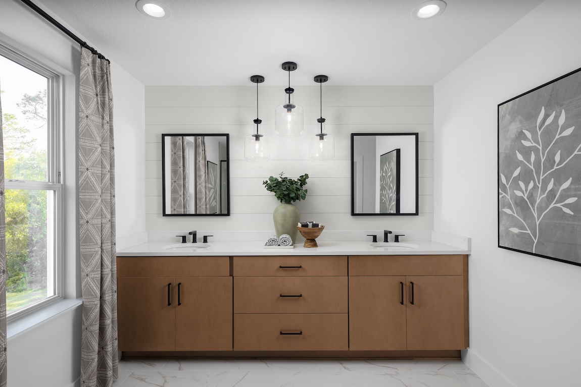 primary bathroom with shiplap accent wall