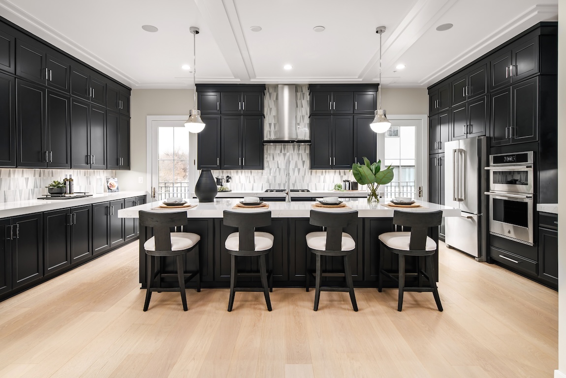modern black kitchen with checkerboard backsplash