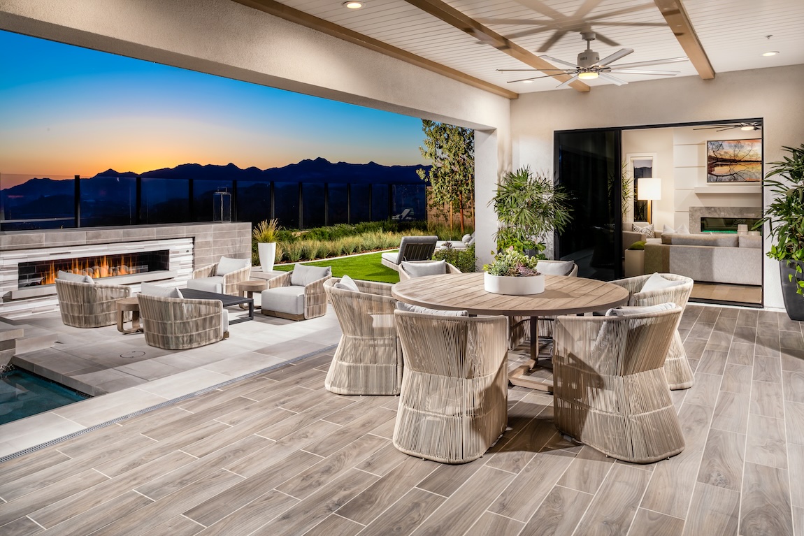 outdoor dining table and fireplace