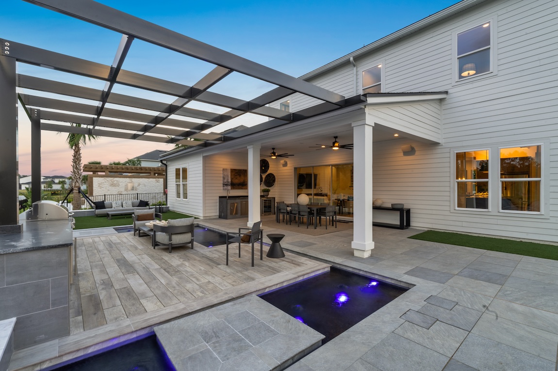 outdoor kitchen and dining area