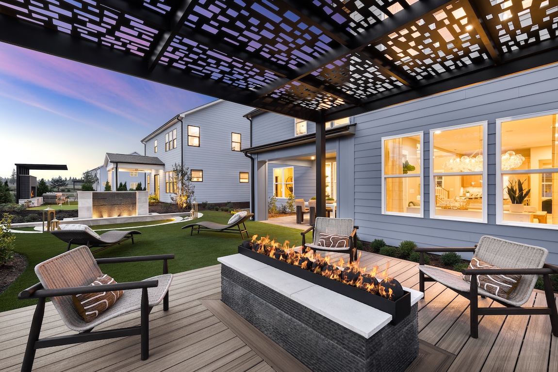 outdoor fire pit with warm interior lighting