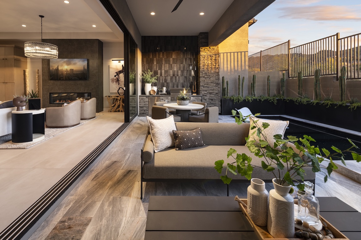 outdoor patio with small plunge pool and greenery