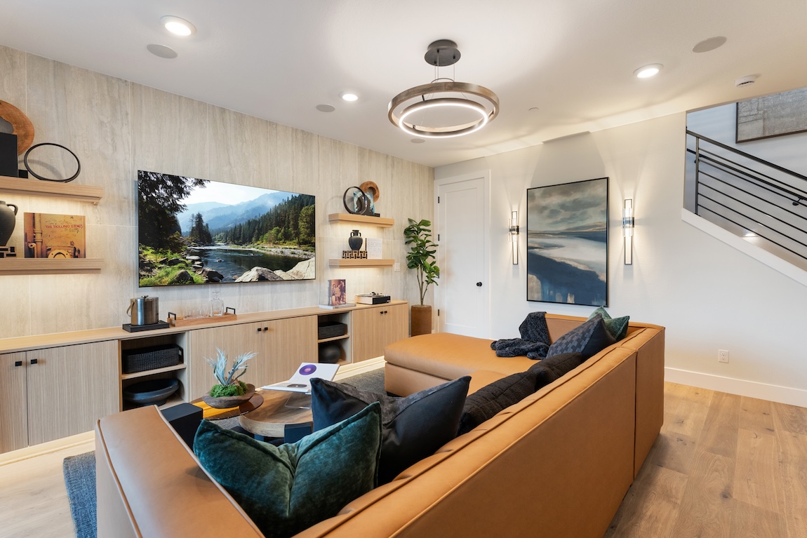 basement with sofa and entertaining space
