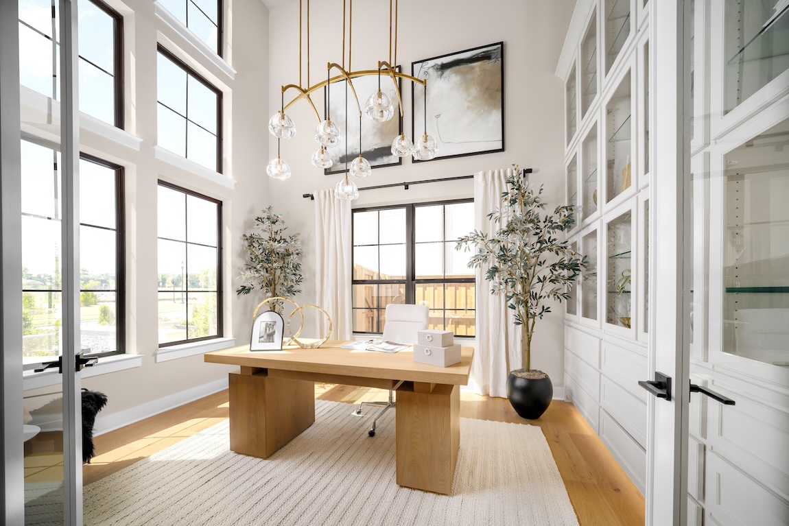 modern home office with statement chandelier