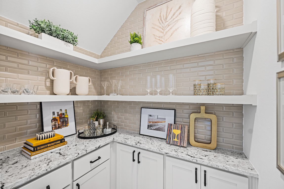 Small home bar with counterspace and shelving