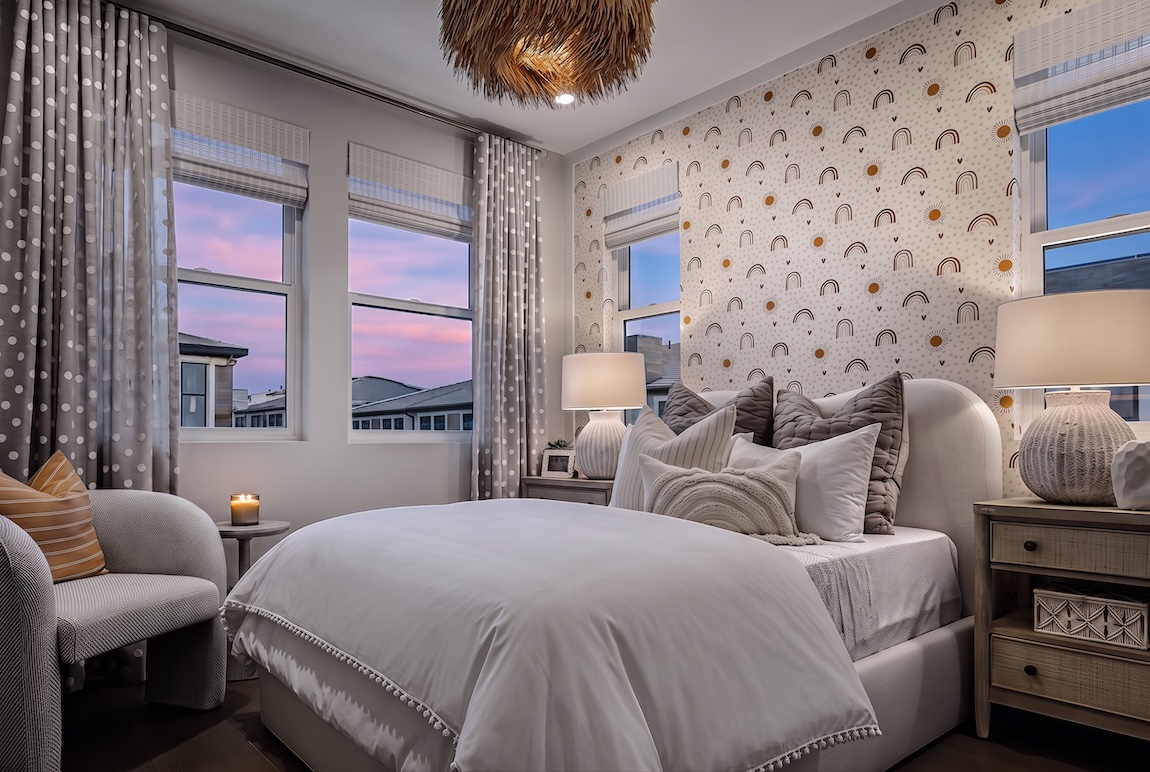 bedroom with creative wallpaper and neutral colors