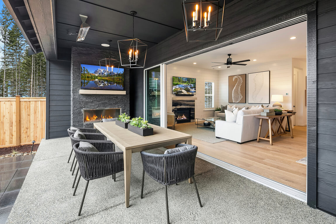 Covered outdoor patio with statement lighting 