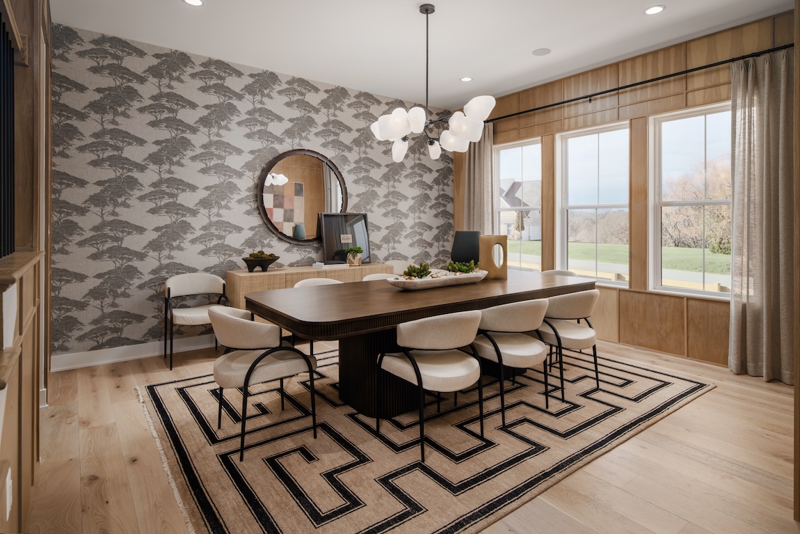 dining room with intriguing wallpaper
