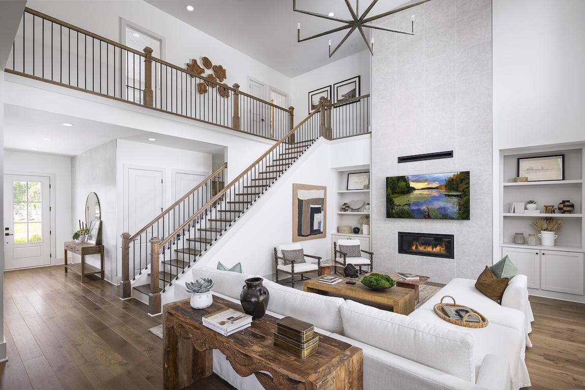 modern farmhouse living room with open-concept floor plan