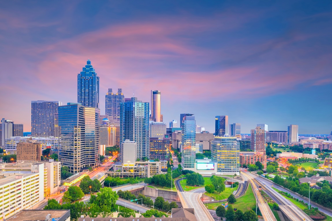 Skyline of Atlanta city at sunset in Georgia, USA