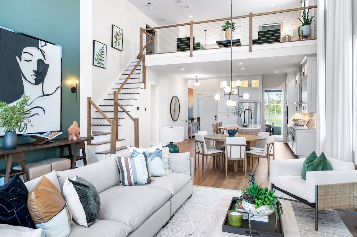luxe townhome interior design highlighted by two-story great room in Plymouth, MA