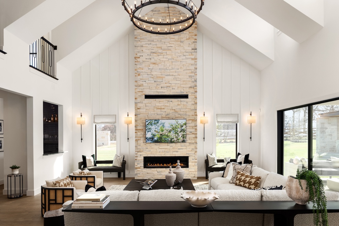 great room with stone fireplace