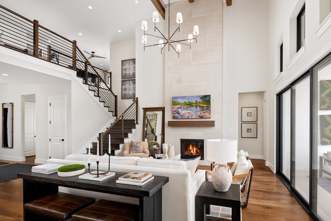 great room with wooden features