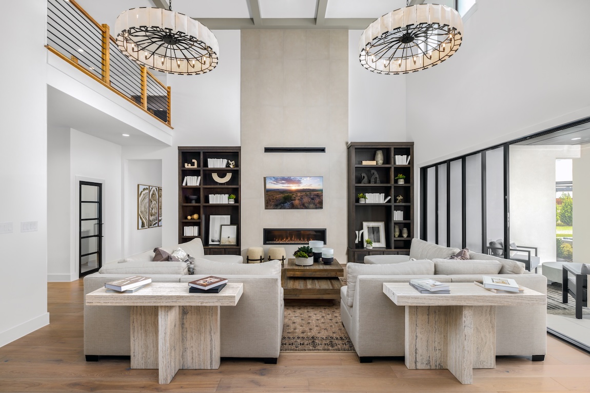 two story great room with neutral colors
