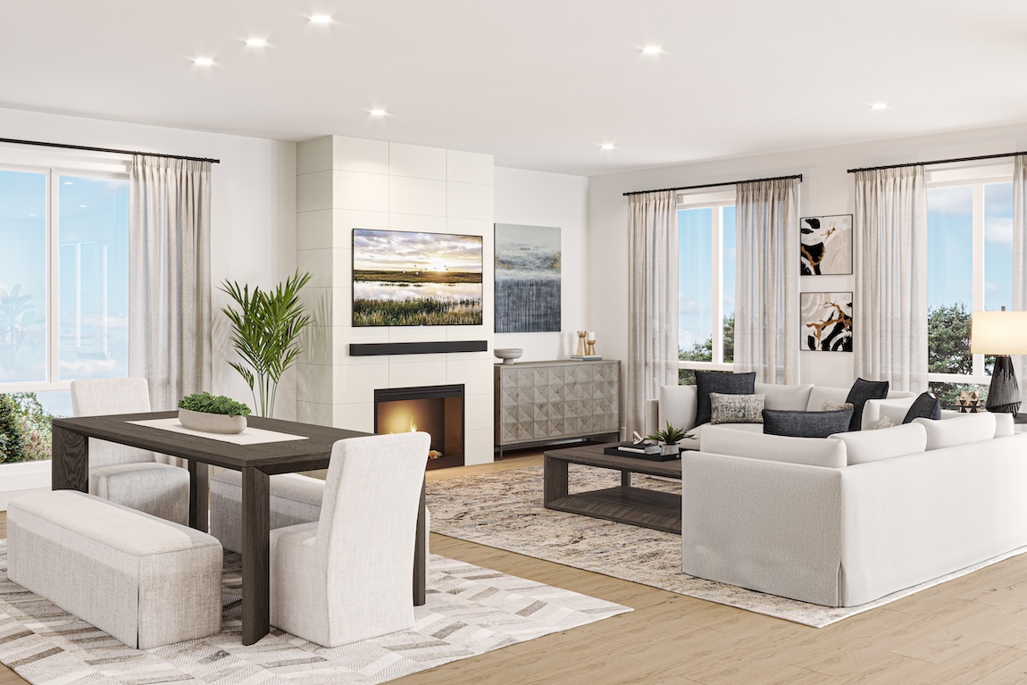 Interior image of luxury home design with white couches and dark wood tables in Bellevue, Washington. 