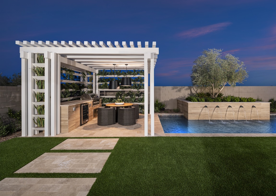 A pristine white pergola enhancing the stylish poolside dining space.