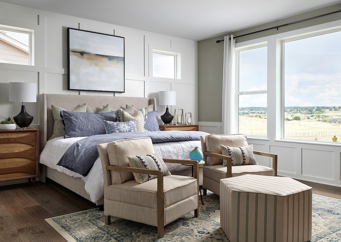 Luxury bedroom design with landscape views in Loveland, Colorado.