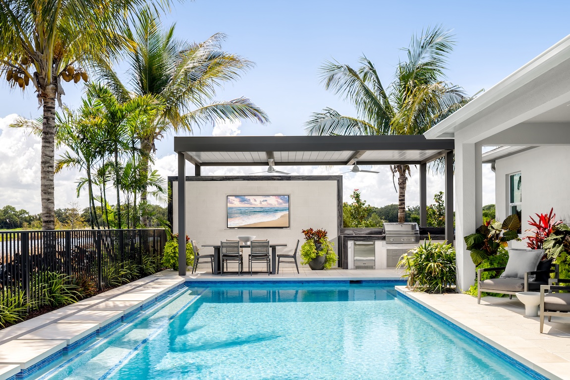 modern pergola next to the pool