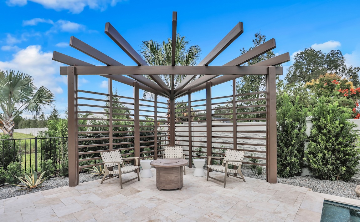 Creatively structured pergola enhancing the aesthetic of the outdoor space.