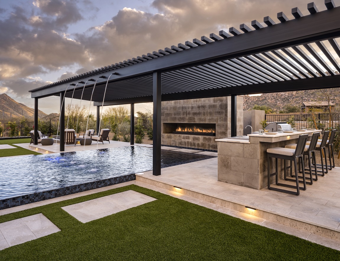 Luxury pergola featuring exquisite design elements and water features.