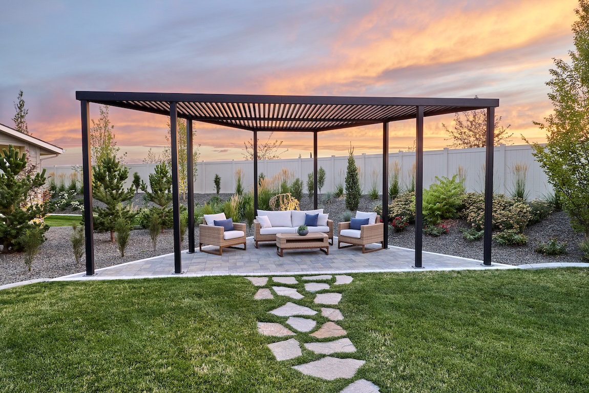 Freestanding pergola designed as a serene retreat to enjoy the sunset.