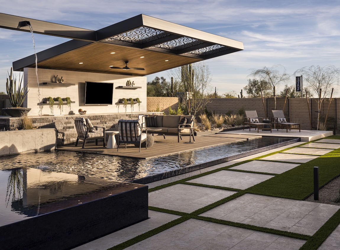 An overhang pergola, creating a shaded space for leisure and relaxation by the pool.