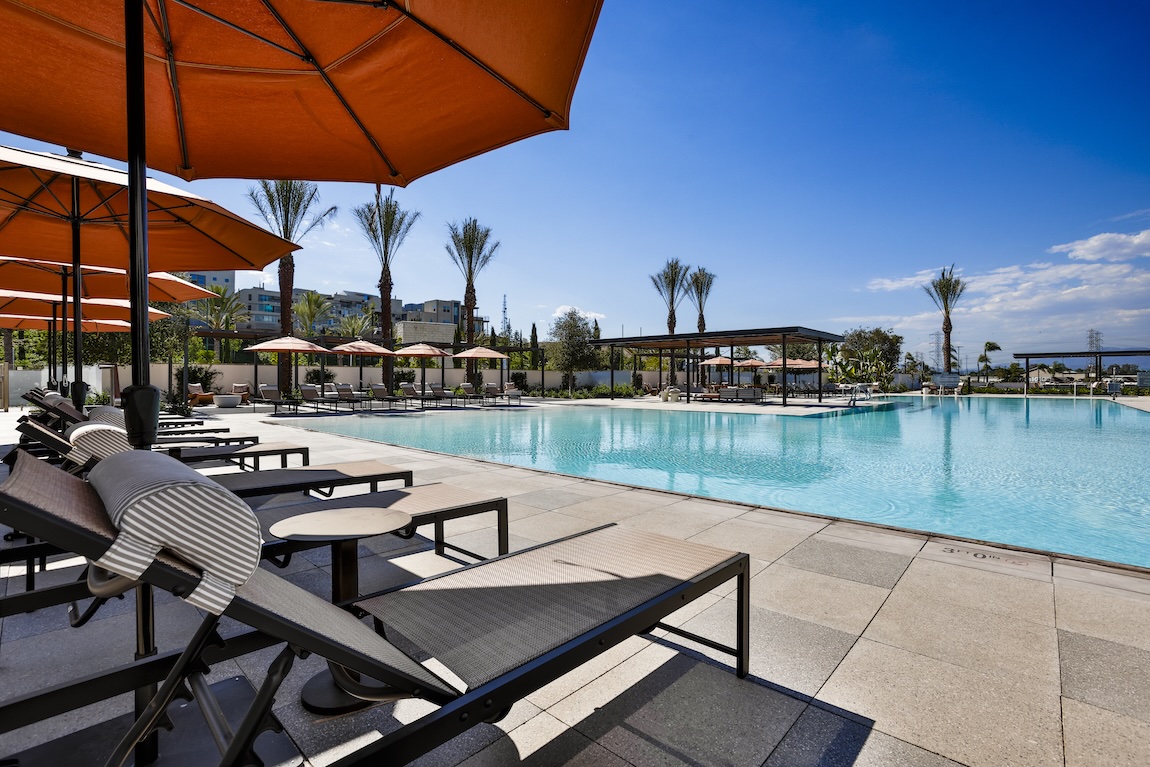 Luxury clubhouse pool at Metro Heights in Montebello, California