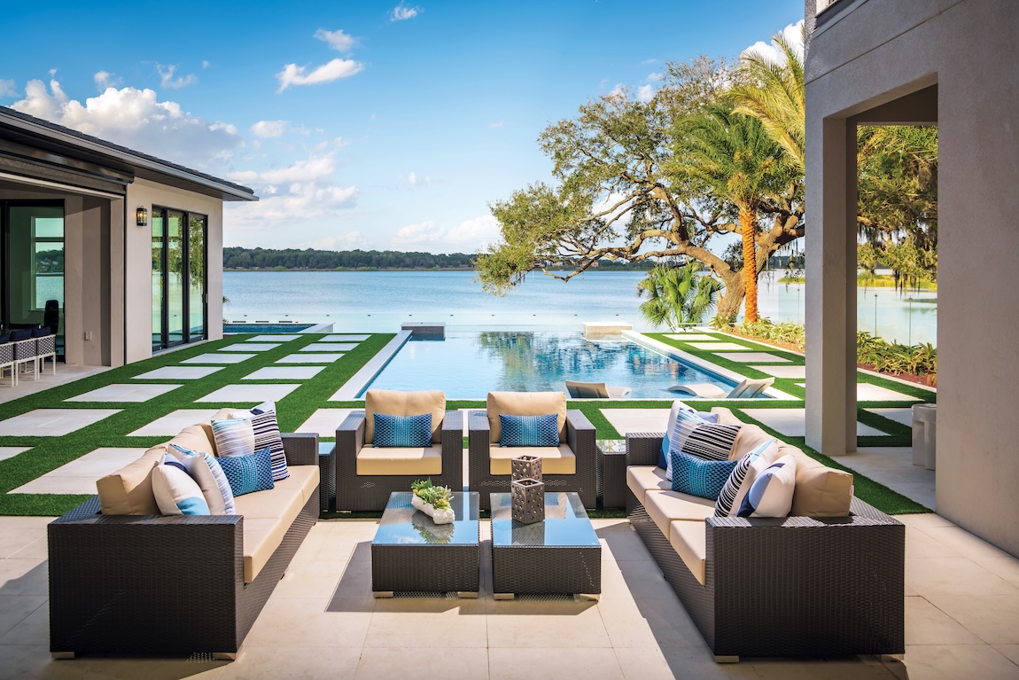 Poolside gathering space with stunning lake view
