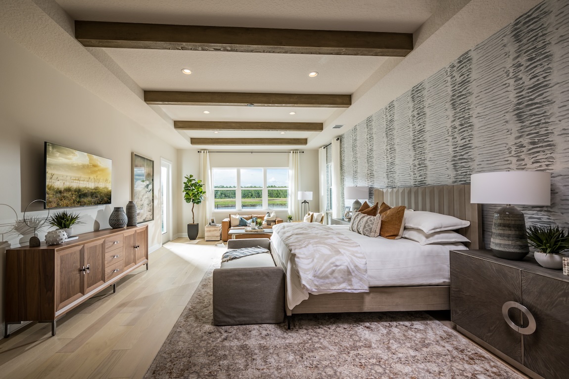 luxe farmhouse primary bedroom designin Orlando, FL