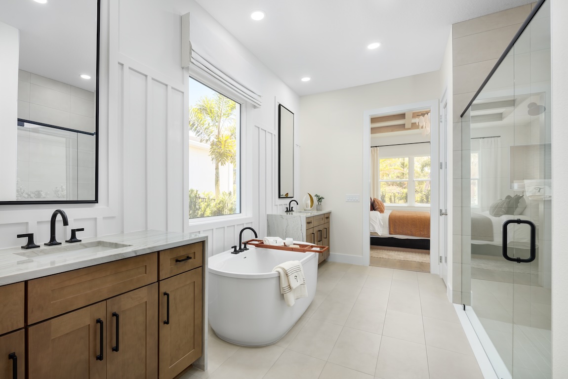 Luxe white bathroom design with dual-vanity setup