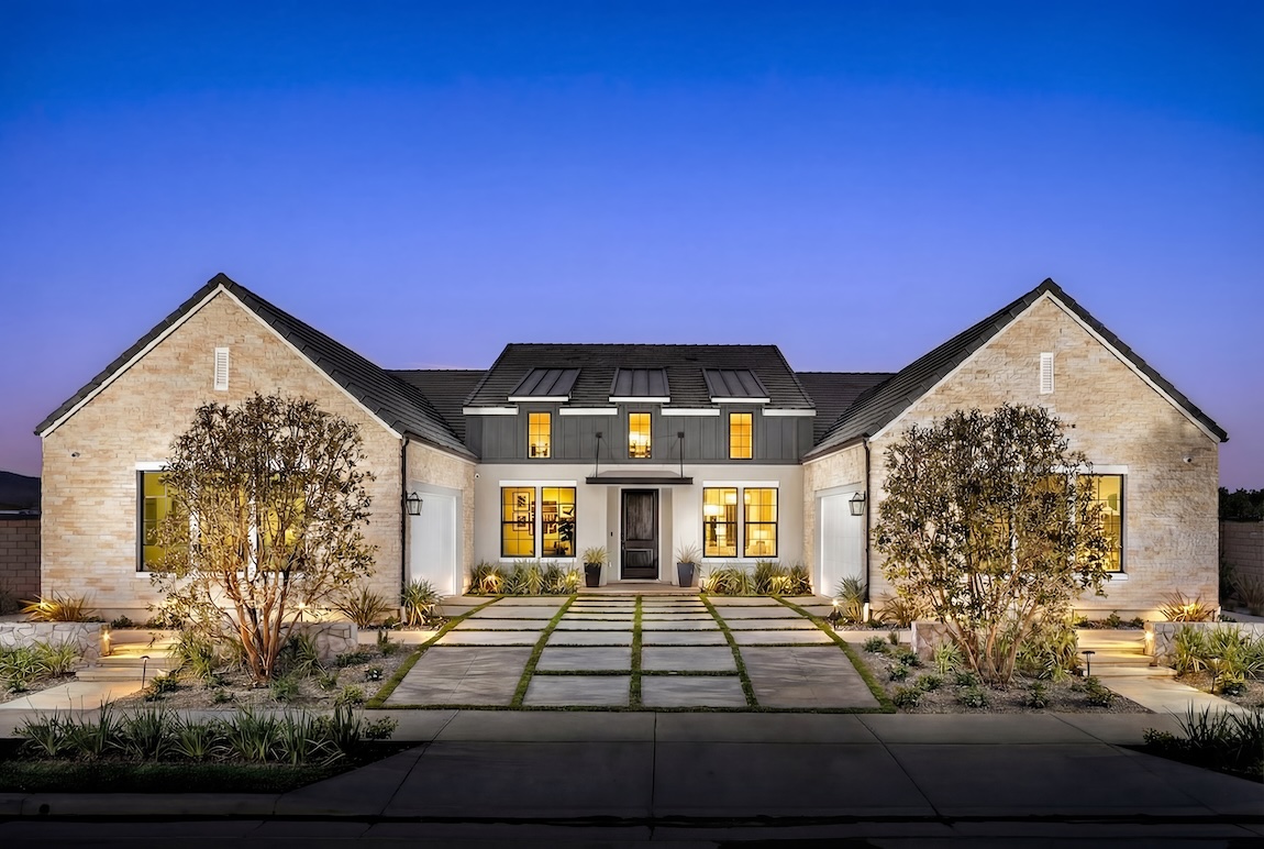 Luxury home design in Valencia, CA, with symmetric modern farmhouse exterior 