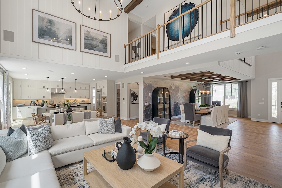 Modern great room within open concept interior design