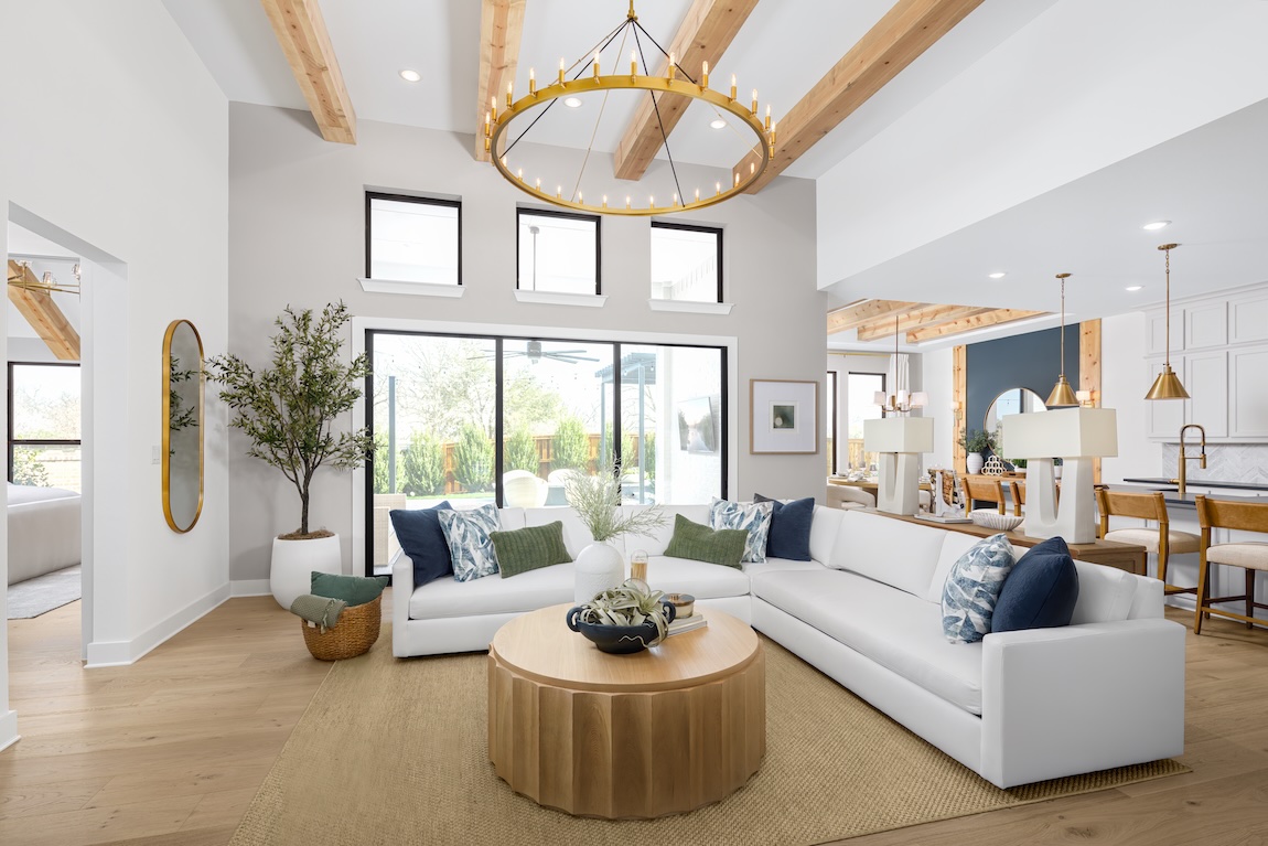 stunning rustic great room with wood accents and classic white interior design